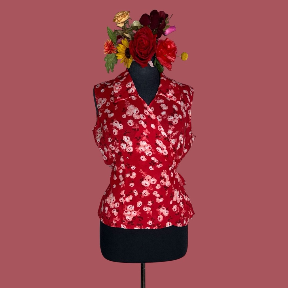 Vintage Thrill Floral Red Sleeveless Blouse